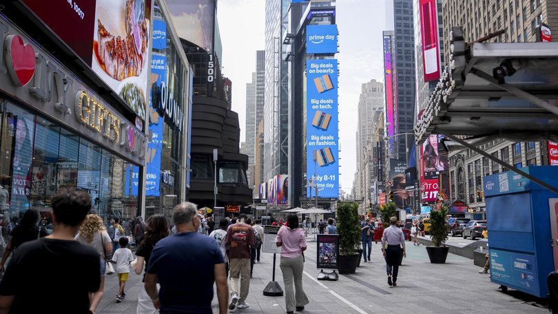 Advertisements for Amazon in Times Square in Manhattan, July 7, 2025.