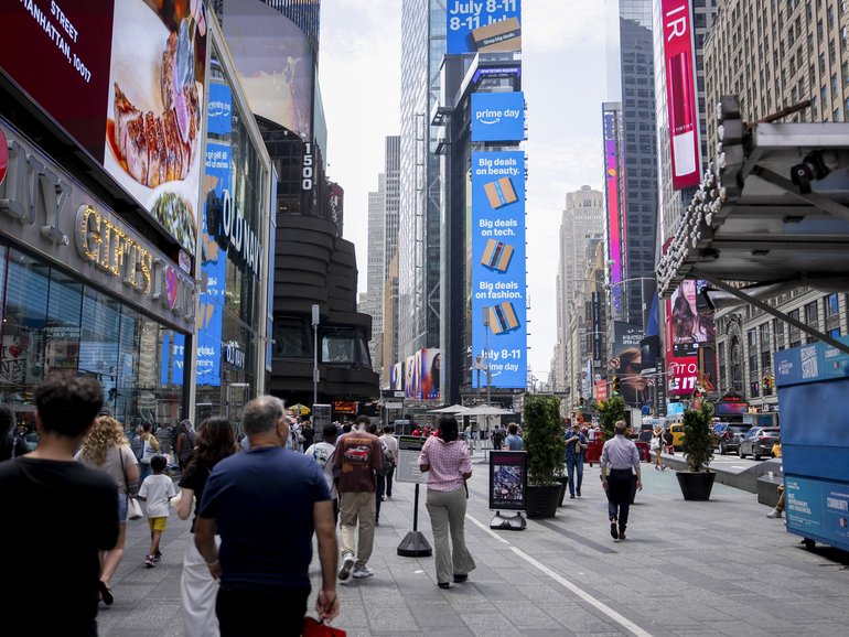Advertisements for Amazon in Times Square in Manhattan, July 7, 2025.
