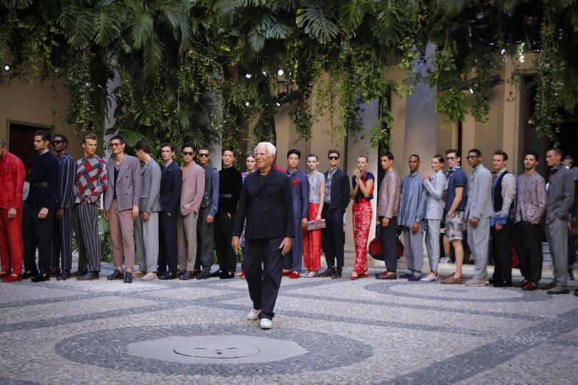 Giorgio Armani at the finale of his spring 2020 menswear show in Milan.
