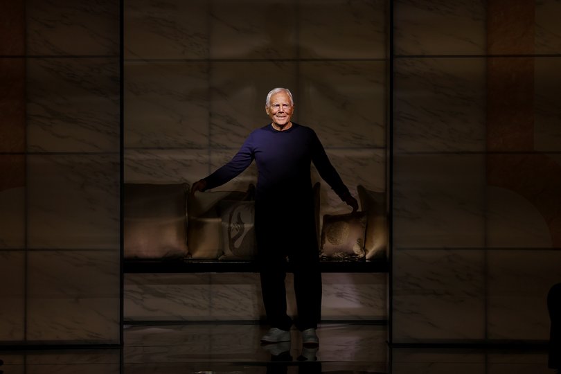 Giorgio Armani acknowledges the applause of the audience at the Giorgio Armani fashion show during the Milan Fashion Week in 2023.