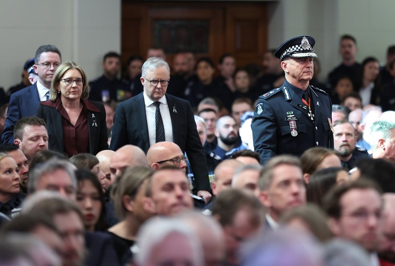 Victorian Police Chief Commissioner Mike Bush, Prime Minister Anthony Albanese, and Victorian Premier Jacinta Allan arrive for the funeral service.