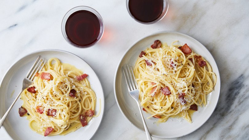 Spaghetti carbonara. Olive oil-fried guanciale permeates the dish with its irresistible porkiness. Food styled by Sarah Jampel.  
