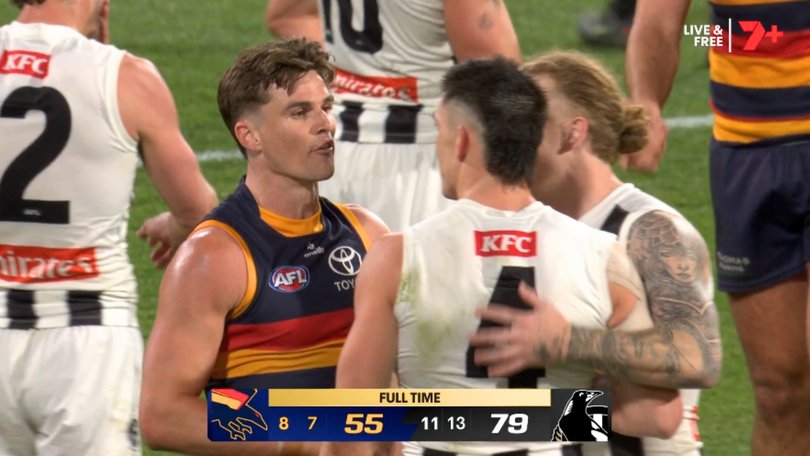 Ben Keays and Brayden Maynard exchange words after the siren.