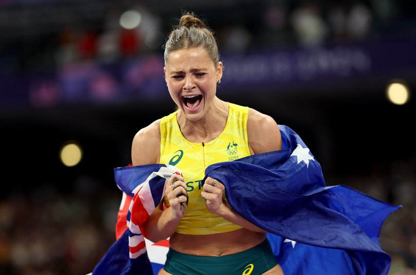 Gold medalist Nina Kennedy of Team Australia reacts after winning in the Women's Pole Vault Final.
