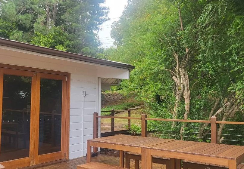 The house has multiple decks.