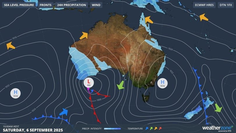 Air circulating anticlockwise around the high-pressure system centred over waters just east of the NSW coastline will generate warm northerlies over eastern Australia. Image: Weatherzone