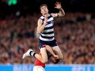 MELBOURNE, AUSTRALIA - SEPTEMBER 05: Jeremy Cameron of the Cats attempts to mark over Ryan Lester of the Lions during the AFL Qualifying Final match between Geelong Cats and Brisbane Lions at Melbourne Cricket Ground on September 05, 2025 in Melbourne, Australia. (Photo by Daniel Pockett/Getty Images)