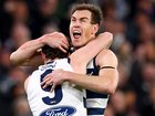 MELBOURNE, AUSTRALIA - SEPTEMBER 05: Max Holmes of the Cats is congratulated by Jeremy Cameron after kicking a goal during the AFL Qualifying Final match between Geelong Cats and Brisbane Lions at Melbourne Cricket Ground on September 05, 2025 in Melbourne, Australia. (Photo by Daniel Pockett/Getty Images)