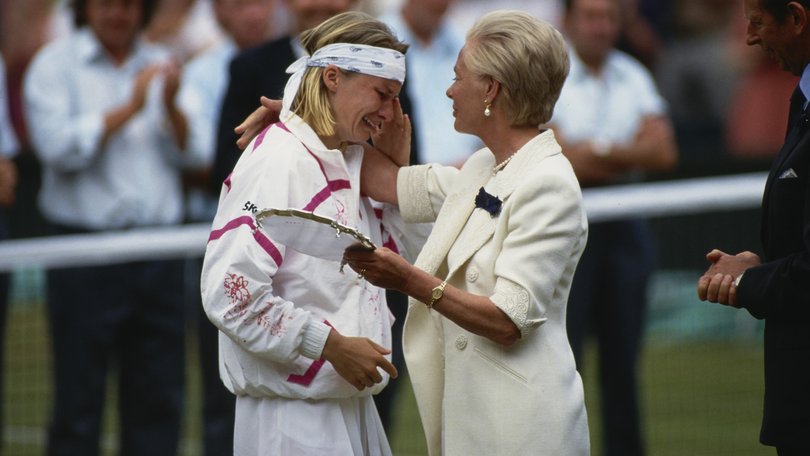 Czech tennis player Jana Novotna (1968-2017) is consoled by British Royal Katharine, Duchess of Kent after losing the women's singles final at the 1993 Wimbledon Championships, held at the All England Lawn Tennis and Croquet Club in London, England, 3rd July 1993. Novotna had been beaten by defending champion Steffi Graf, 7–6, 1–6, 6–4. (Photo by Henning Bangen/Bongarts/Getty Images)