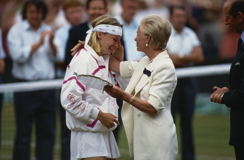 Czech tennis player Jana Novotna (1968-2017) is consoled by British Royal Katharine, Duchess of Kent after losing the women's singles final at the 1993 Wimbledon Championships.