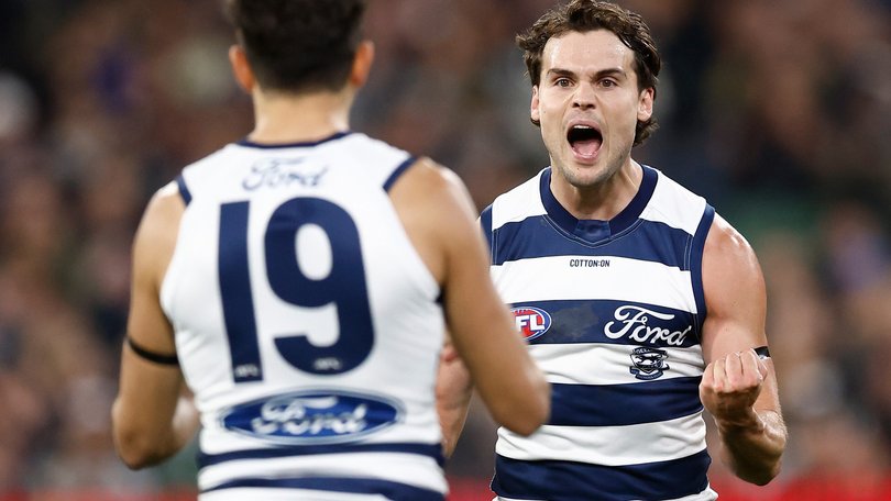 MELBOURNE, AUSTRALIA - SEPTEMBER 05: Jack Martin (left) and Jack Bowes of the Cats celebrate during the AFL Second Qualifying Final match between the Geelong Cats and the Brisbane Lions at the Melbourne Cricket Ground on September 05, 2025 in Melbourne, Australia. (Photo by Michael Willson/AFL Photos via Getty Images)
