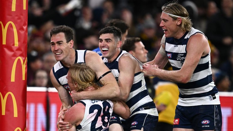 Jubilant Geelong were too good for the Brisbane Lions in their qualifying final. (Joel Carrett/AAP PHOTOS)