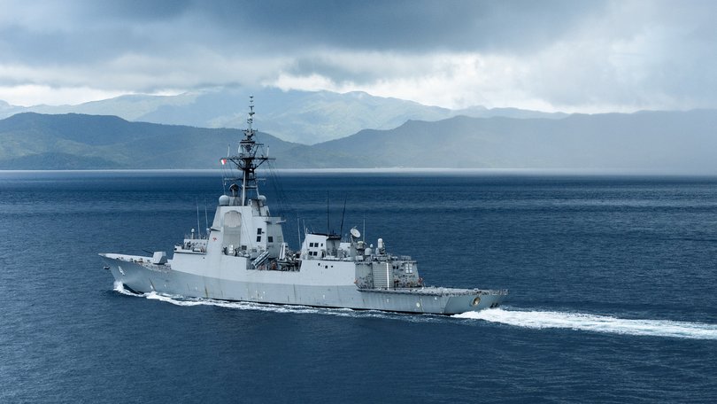 HMAS Brisbane pictured in 2024 as it transits through the Surigao Strait during a regional presence deployment.