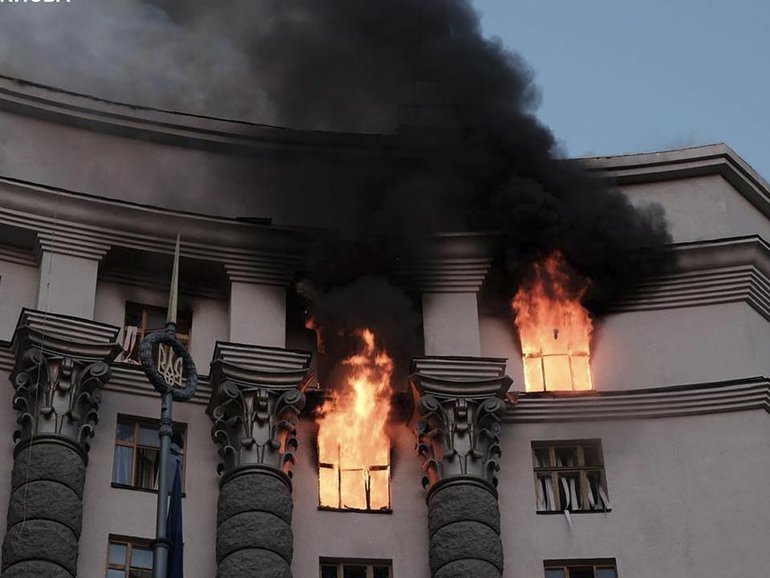 Kyiv's main government buildings have been set ablaze in an overnight aerial attack by Russia. (EPA PHOTO)
