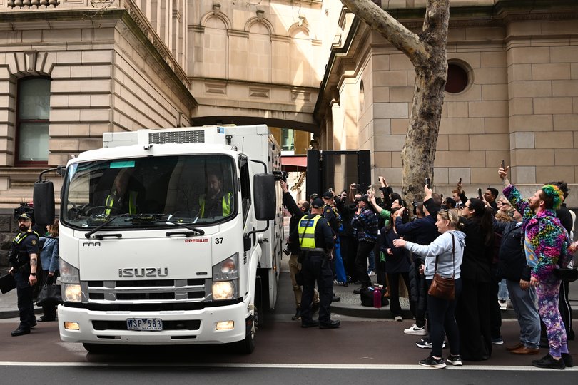 A prison van carrying Erin Patterson leaves the Supreme Court of Victoria in Melbourne, Monday, September 8, 2025. (AAP Image/Joel Carrett) NO ARCHIVING