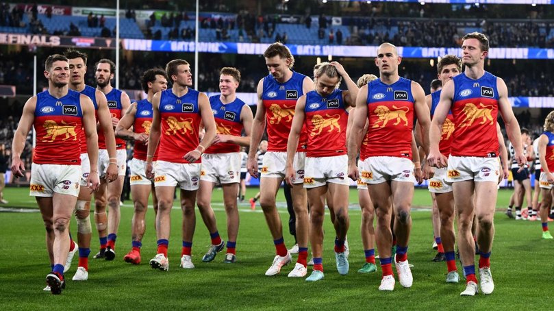 Brisbane Lions leave the field after the loss to Geelong.