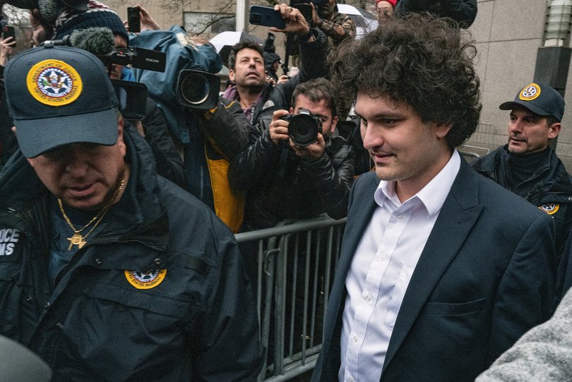 FTX founder Sam Bankman-Fried leaves Manhattan federal court in 2023.