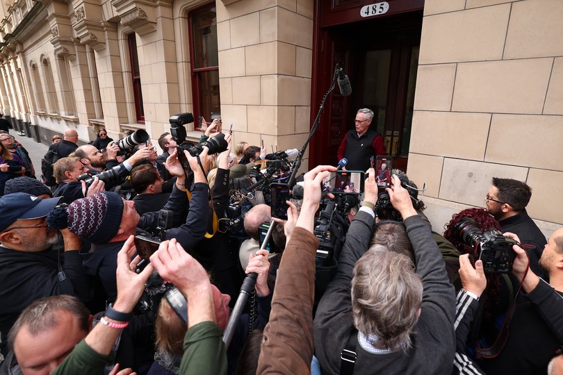 Ian Wilkinson, survivor and husband of the deceased Heather Wilkinson speaks to media at the front of the Supreme Court of Victoria.