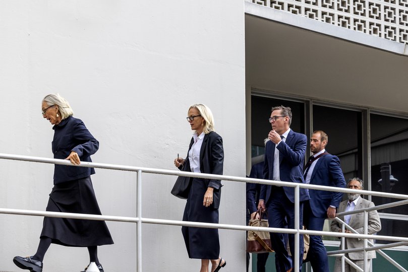 Rupert Murdoch's children, from left: Prudence, Elisabeth, and James arrive for a probate court hearing in Reno, Nev., Sept. 17, 2024.