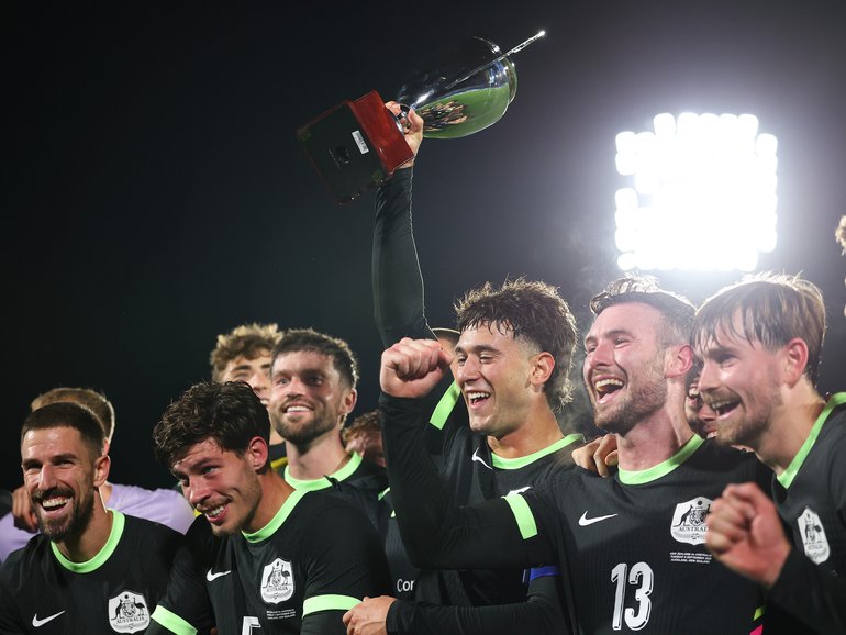 Alessandro Circati lifts the Soccer Ashes 2025 trophy after the win over New Zealand.