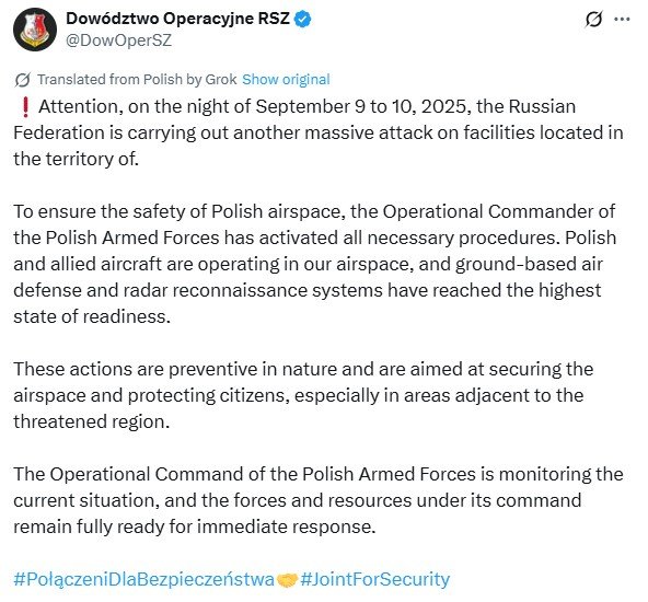 Polish and allied aircraft were scrambled overnight after Ukraine’s air force warned that Russian drones entered Polish airspace.