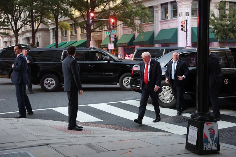 US President Donald Trump and members of his cabinet and administration arrive for dinner at Joe's Seafood.