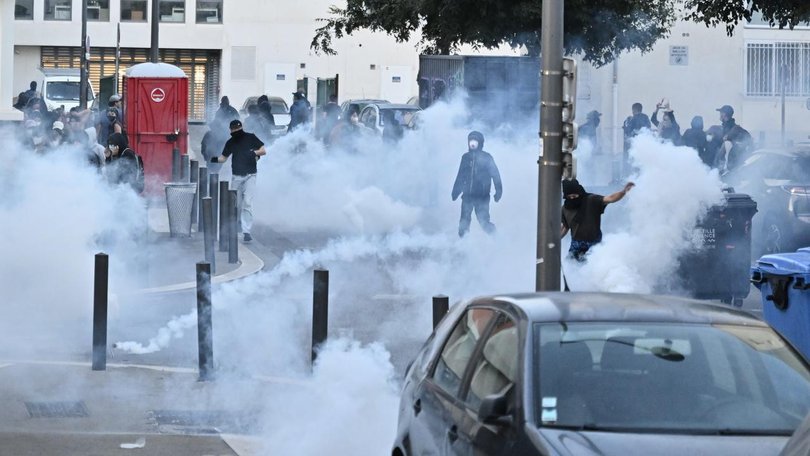 French police fired tear at protesters during Block Everything protesters in Marseille, France. (AP PHOTO)