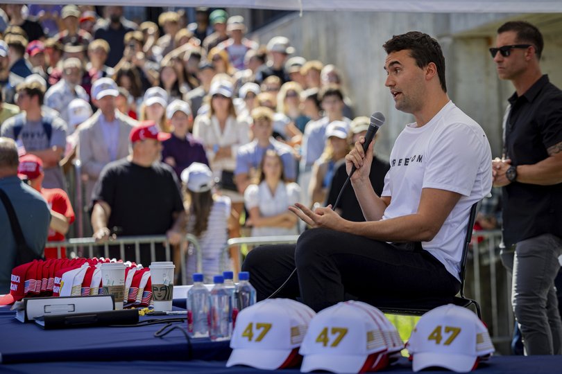 Charlie Kirk speaks before he is shot during Turning Point's visit to Utah Valley University.