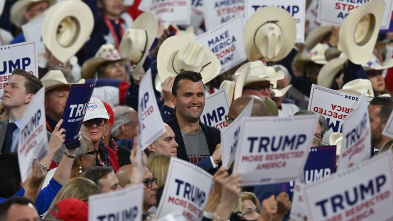 Charlie Kirk stands among attendees during Day 3 of the Republican National Convention in 2024 in Milwaukee. 