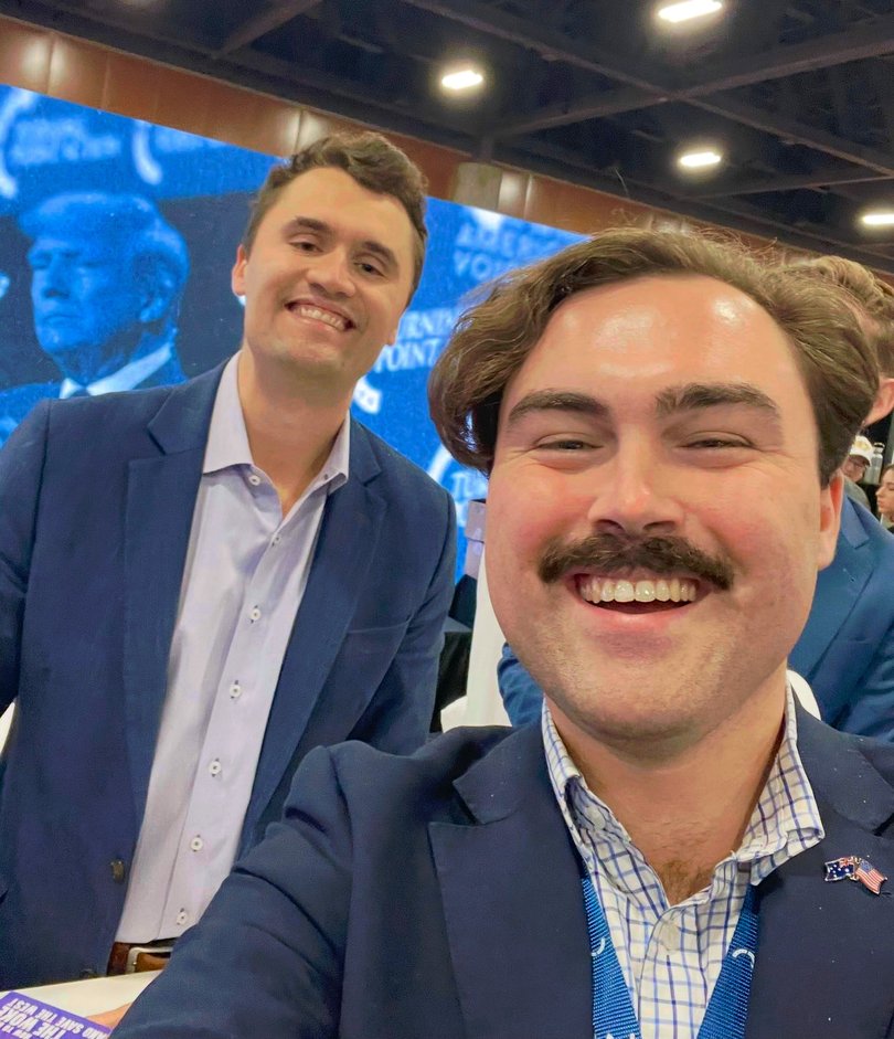 Charlie Kirk and Barclay McGain (front) meet in the US last year.