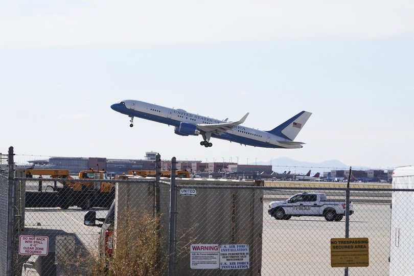 Air Force Two, carrying the body of Charlie Kirk, takes off from Salt Lake City International Airport.
