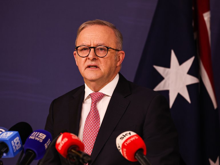 SYDNEY, AUSTRALIA - NewsWire Photos SEPTEMBER 12 2025; The Prime Minister, Anthony Albanese, Minister for Multicultural Affairs, Anne Aly, and the Special Envoy to Combat Islamophobia, Aftab Malik address the media in a press conference. Photo: NewsWire/ Gaye Gerard