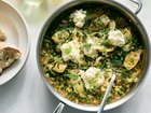 One-pan creamy artichokes and peas. Using canned artichokes and frozen peas keeps this fresh meal simple to make all year long. Food styled by Simon Andrews. 