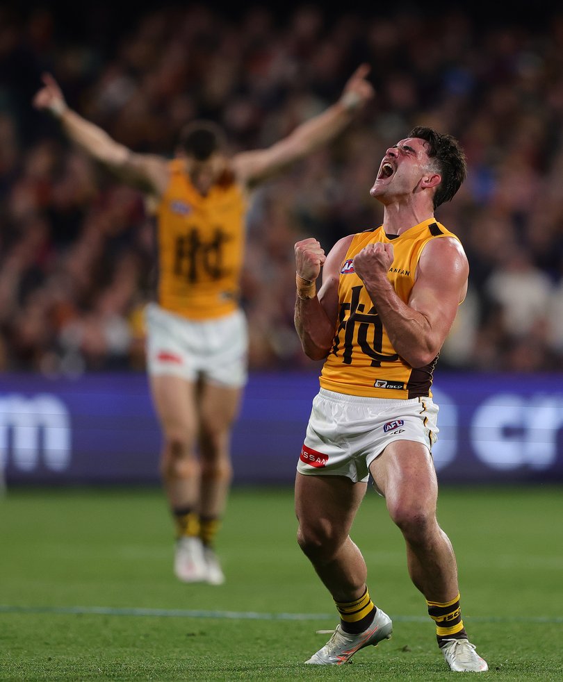 ADELAIDE, AUSTRALIA - SEPTEMBER 12: Jai Newcombe of the Hawks celebrates a goal during the AFL First Semi Final match between the Adelaide Crows and the Hawthorn Hawks at Adelaide Oval on September 12, 2025 in Adelaide, Australia. (Photo by Sarah Reed/AFL Photos)