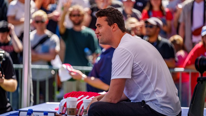Charlie Kirk speaks at Utah Valley University on September 10, 2025 in Orem, Utah, before he was shot.