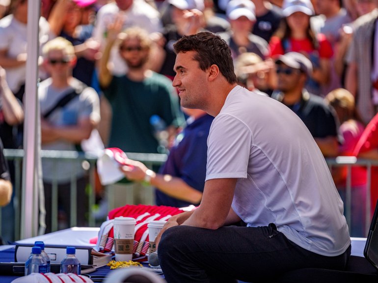 Charlie Kirk speaks at Utah Valley University on September 10, 2025 in Orem, Utah, before he was shot. 