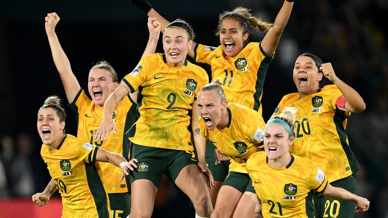 The Matildas celebrating their epic penalty shootout win in the World Cup in 2023 against France.