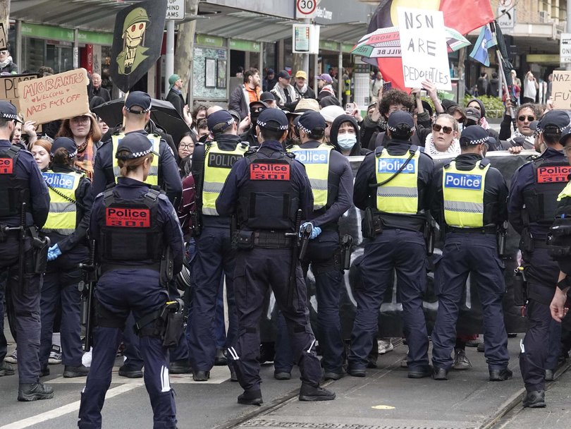 There was a large police presence at the March for Australia rally in Melbourne on August 31.