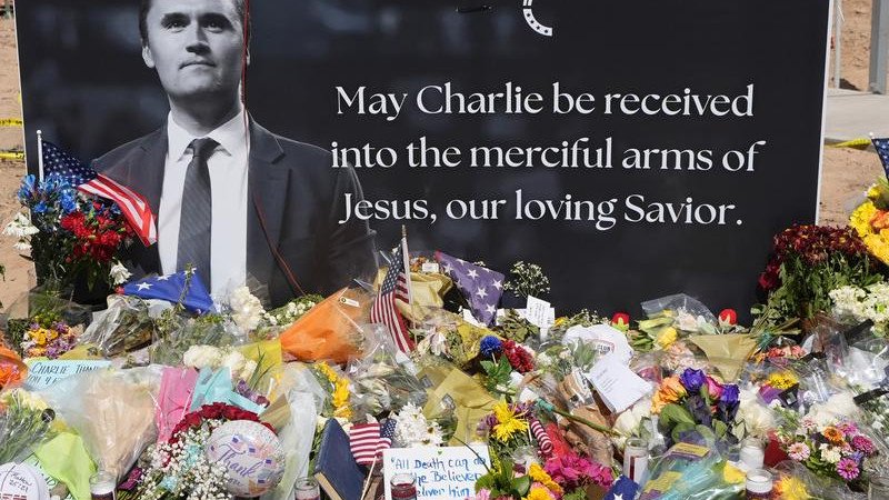 A memorial is set up at Turning Point USA headquarters for Charlie Kirk, its co-founder