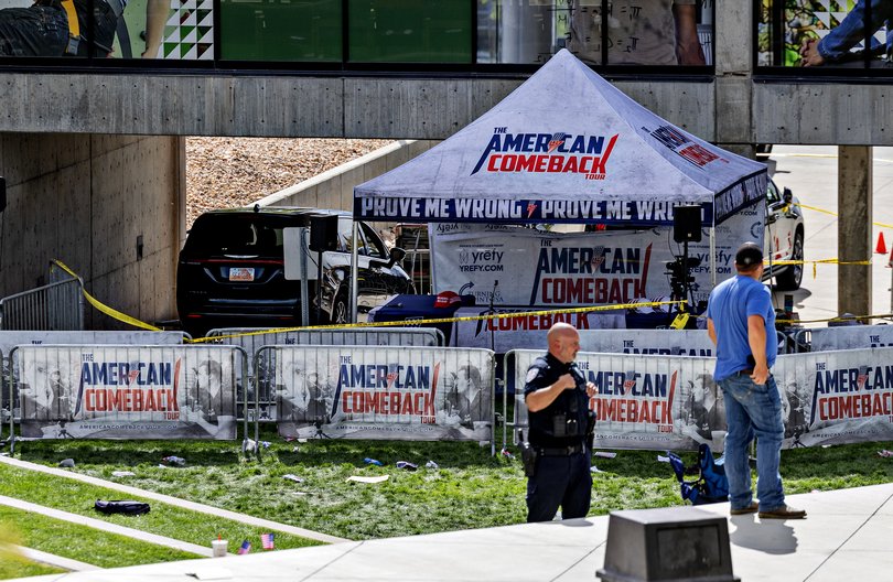The tent where Charlie Kirk was fatally shot while speaking during an event at Utah Valley University.
