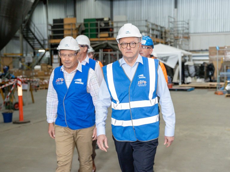 Premier Roger Cook and Prime Minister Anthony Albanese at the Austal Henderson shipyard.