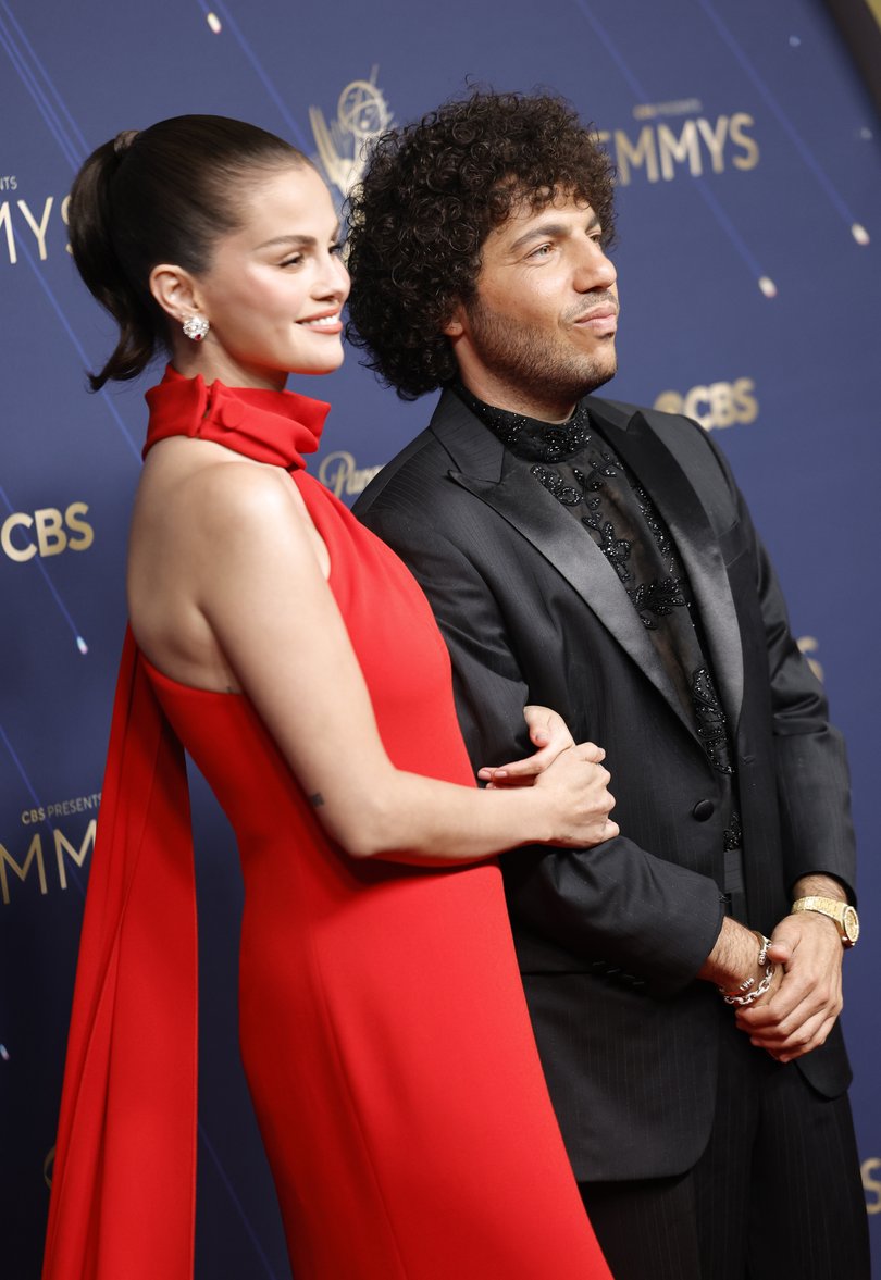 LOS ANGELES, CALIFORNIA - SEPTEMBER 14: (L-R) Selena Gomez and Benny Blanco attend the 77th Primetime Emmy Awards at Peacock Theater on September 14, 2025 in Los Angeles, California. (Photo by Frazer Harrison/Getty Images)