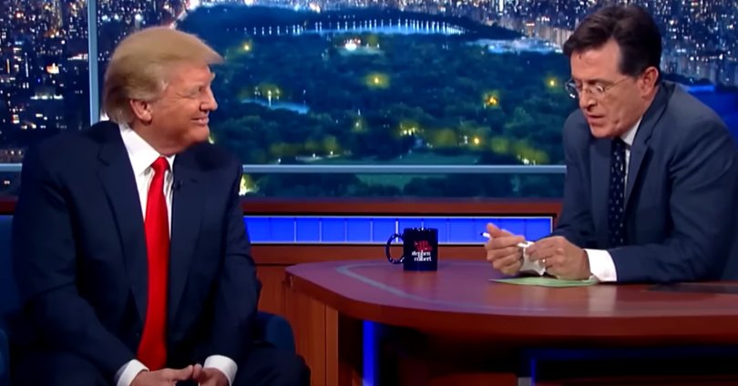 Donald Trump and Stephen Colbert chat on-air in 2015.