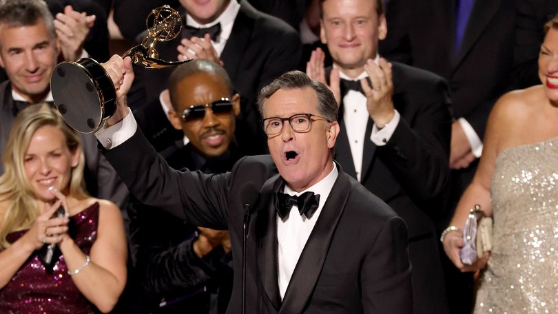 Stephen Colbert accepts the Outstanding Talk Series Award for The Late Show with Stephen Colbert onstage during the 77th Primetime Emmy Awards.