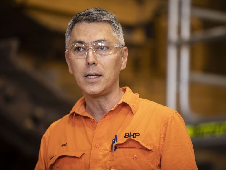 BHP CEO Mike Henry speaks to the media in Welshpool. Photo by Michael Wilson