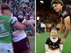 Reece Walsh headbutts Canberra backrow Hudson Young (left) Reece Walsh with daughter Leila (right).