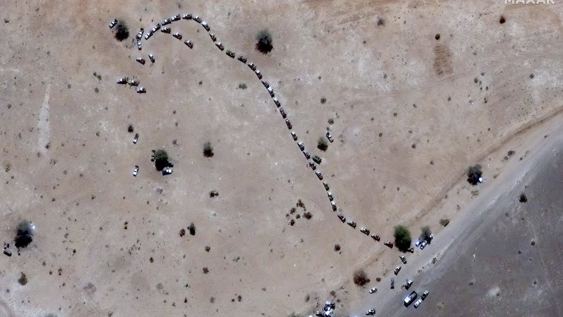 Weapon-mounted vehicles on the eastern edge of Zamzam camp after it was seized by Rapid Support Forces paramilitaries. 