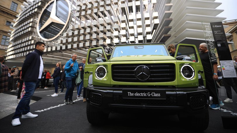 A Mercedes-Benz AG Electric G Class vehicle at the Mercedes-Benz booth in the Open Space at the IAA Mobility 2025 expo in Munich, Germany. 