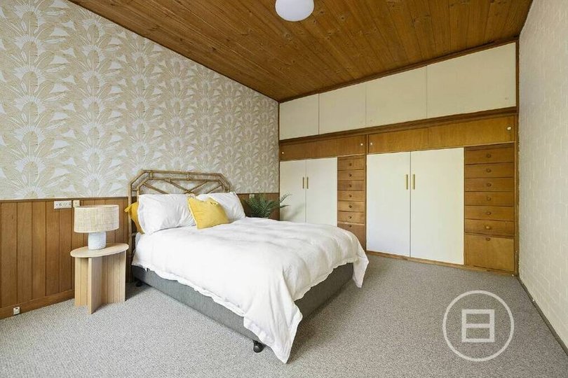 The retro vibe continues in the bedroom.