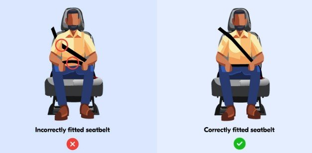 The sash of a seatbelt should run from your hip to your shoulder.